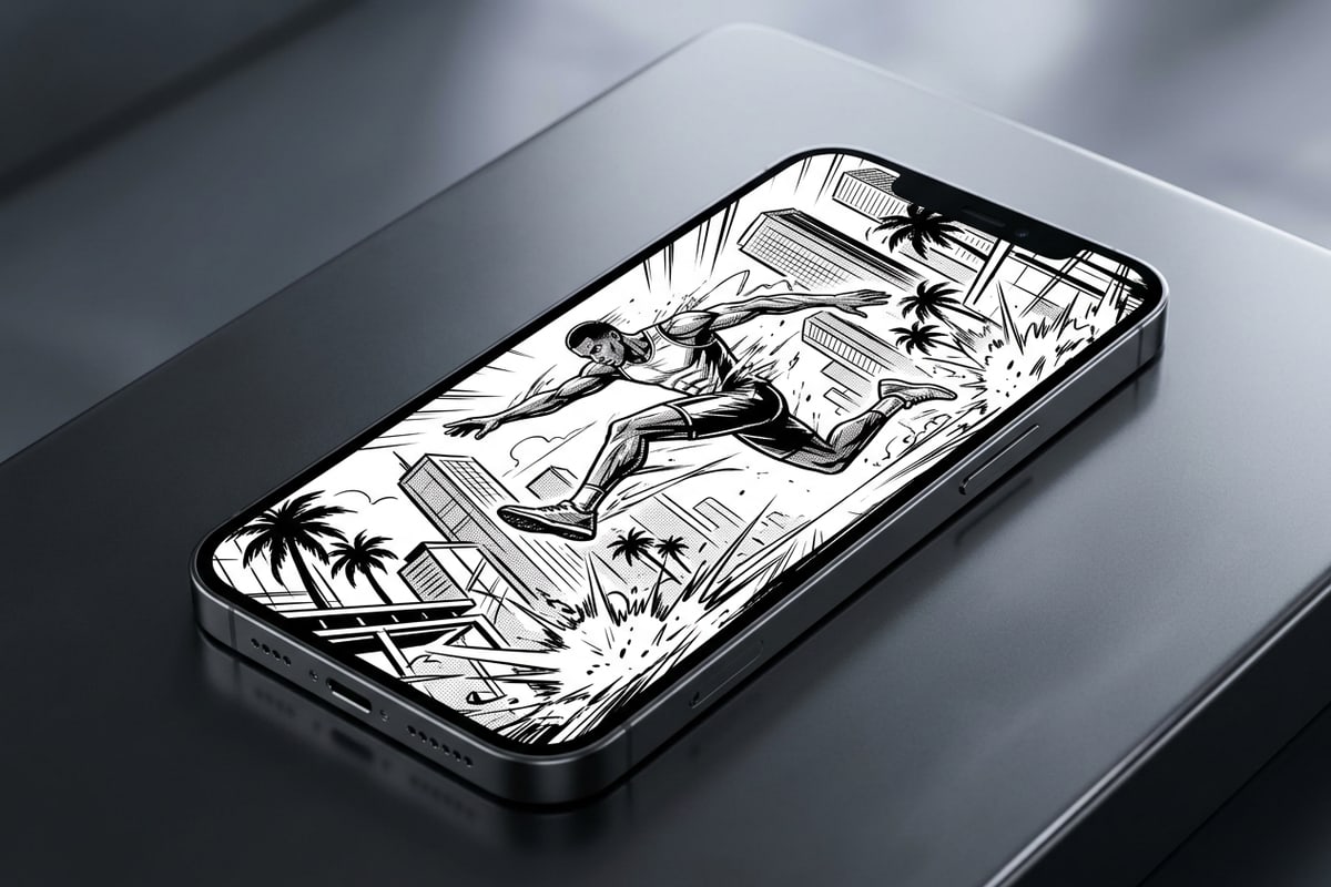 Smartphone screen showing a comic manga panel layout of an athletic action frame.