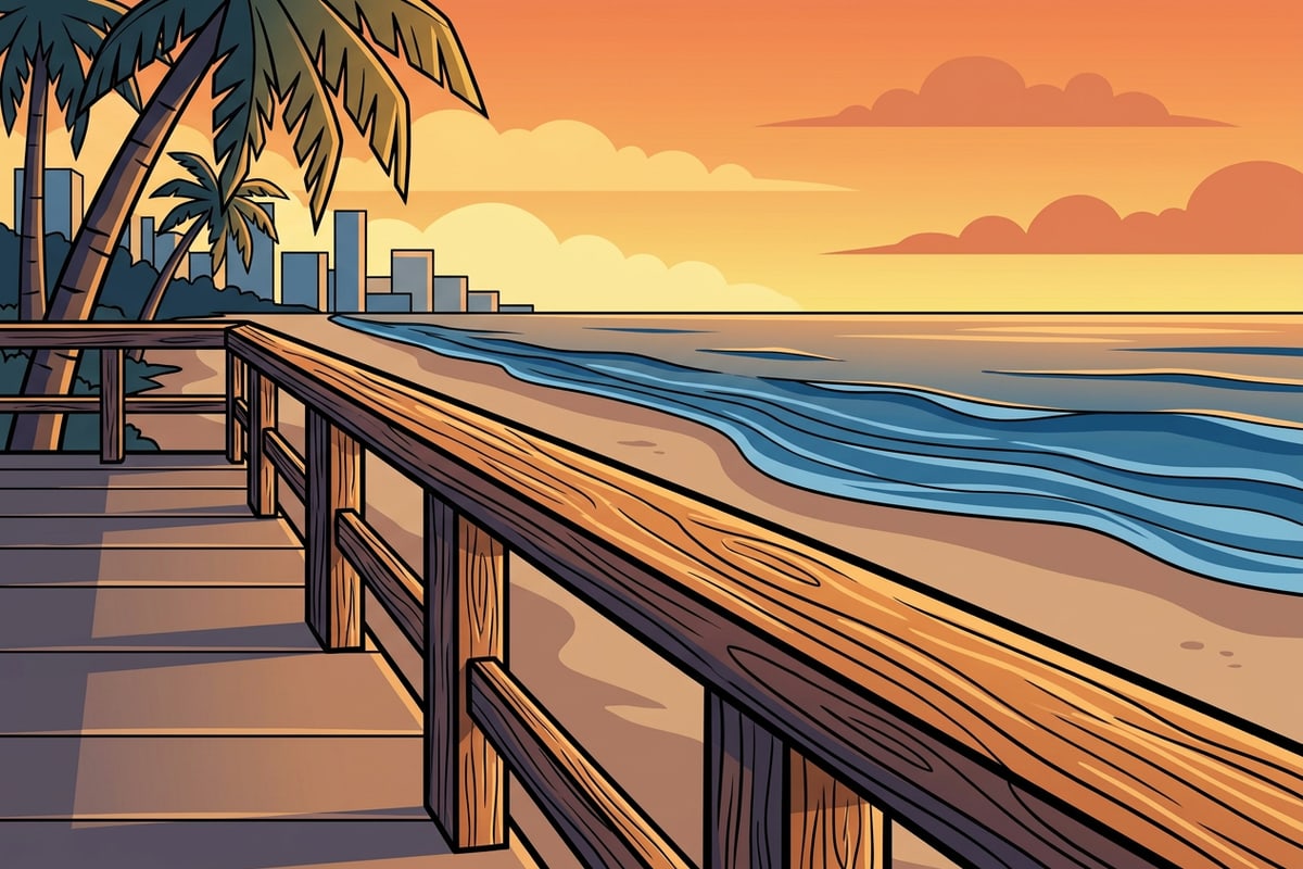 A scenic coastal walkway with pristine wooden railing and clean sandy horizon at sunset