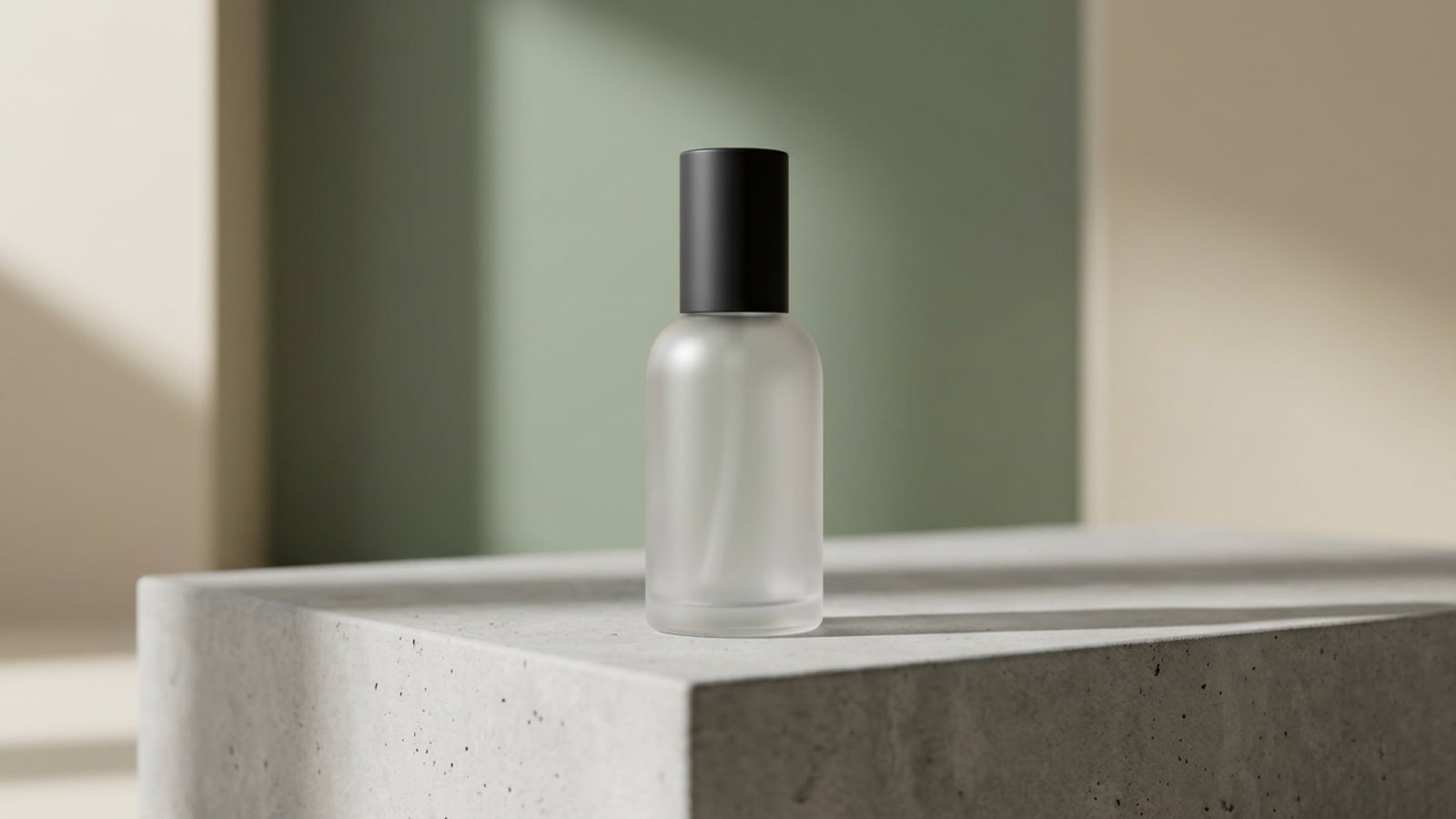 Fotografía de estudio de un frasco cosmético sobre una superficie de concreto pulido gris claro con iluminación suave.