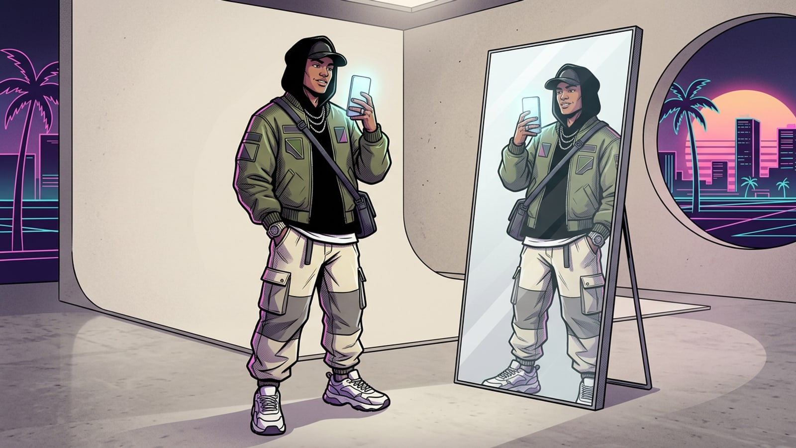 Mirror selfie de cuerpo entero en un estudio fotográfico minimalista con fondo de concreto claro e iluminación suave.