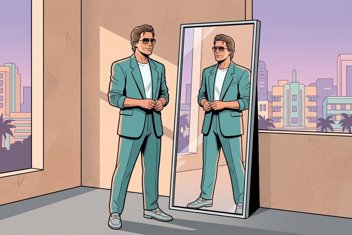 Resultado final de mirror selfie con fondo estético estilo Japandi y paredes de yeso texturizado.