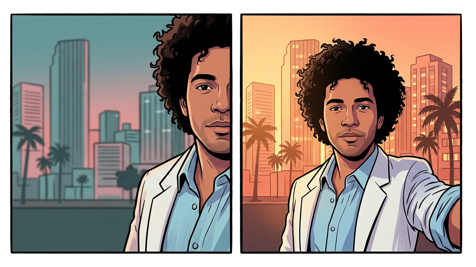 Side-by-side comparison showing an off-center iPhone selfie on the left and a re-centered, edge-expanded portrait on the right.
