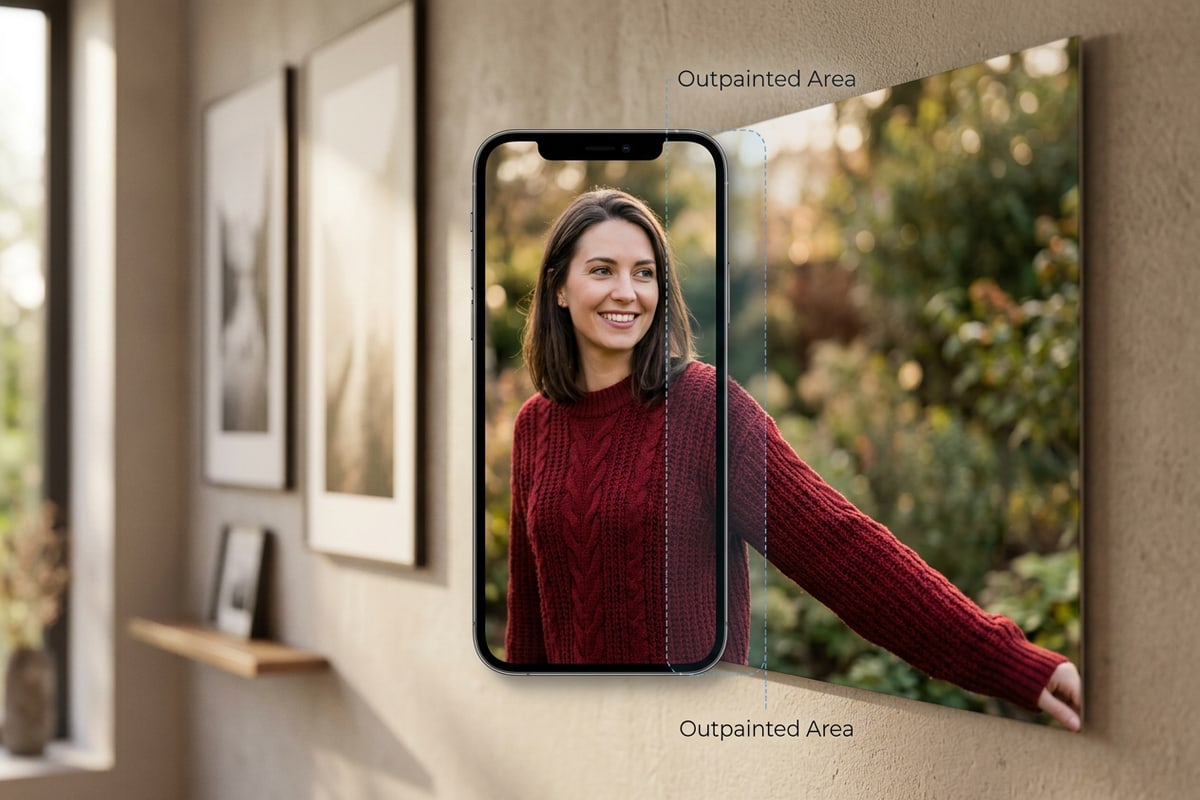 A portrait photo expanding canvas edges outward on the right side with realistic synthesized background detail.