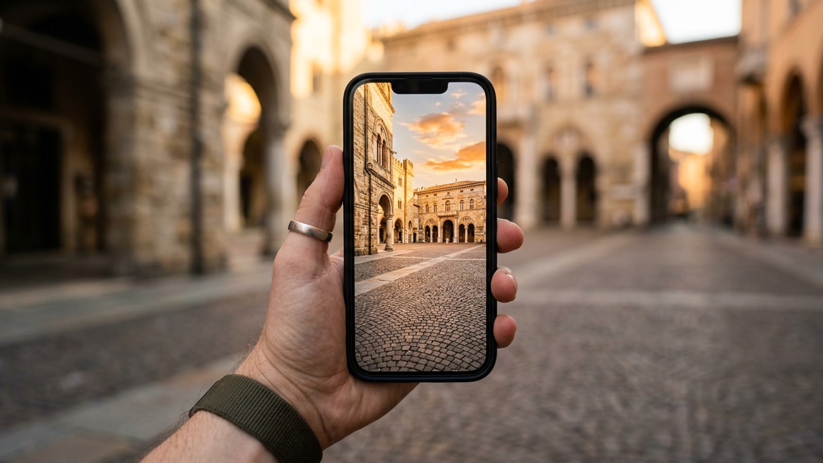 Mano sosteniendo un iPhone mostrando una foto de una plaza europea histórica sin personas y con textura de adoquines intacta.
