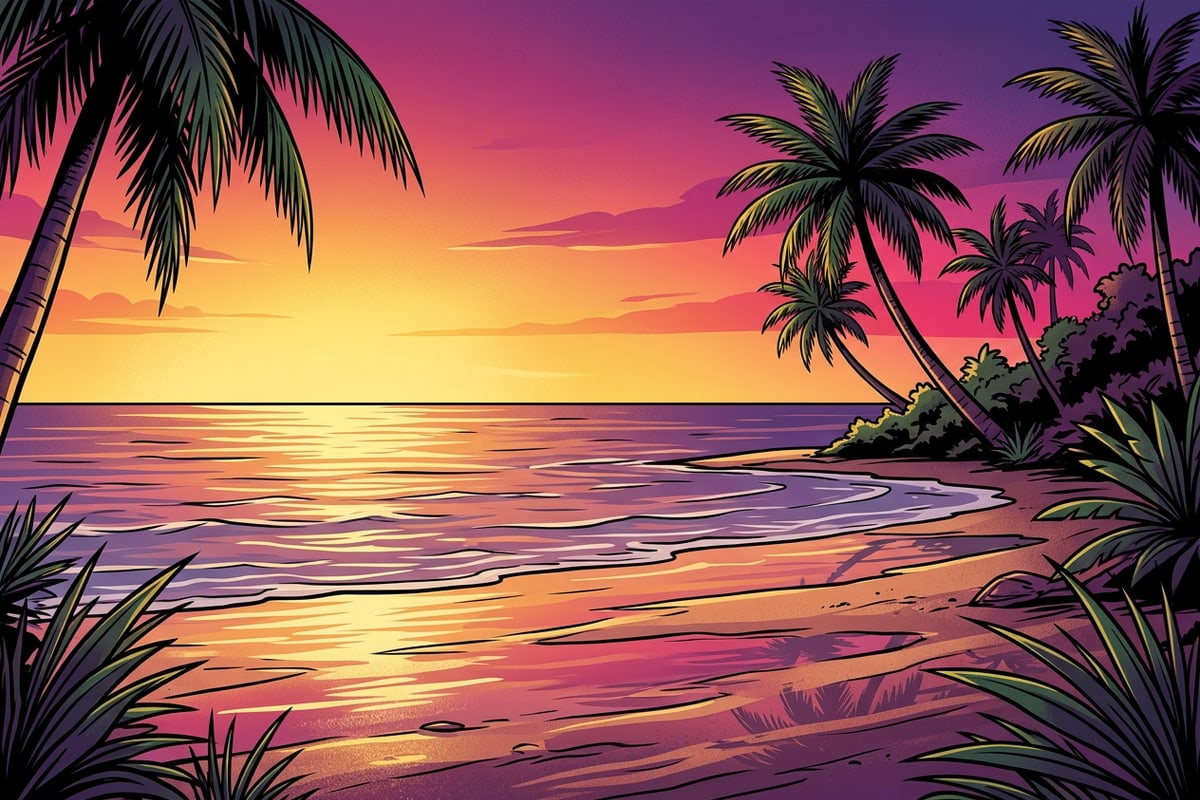 Paisaje de playa tropical al atardecer con arena húmeda limpia y reflejos dorados sin personas.