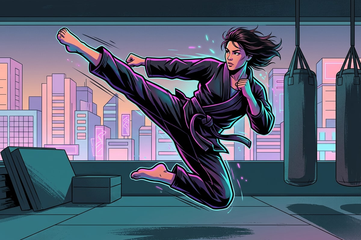 Atleta executando um chute de artes marciais em iluminação clara e de alto contraste, ideal para conversão em quadrinhos.