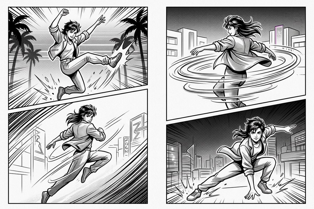 Página finalizada de mangá com quatro painéis exibindo movimentos de dança estilizados em preto e branco.