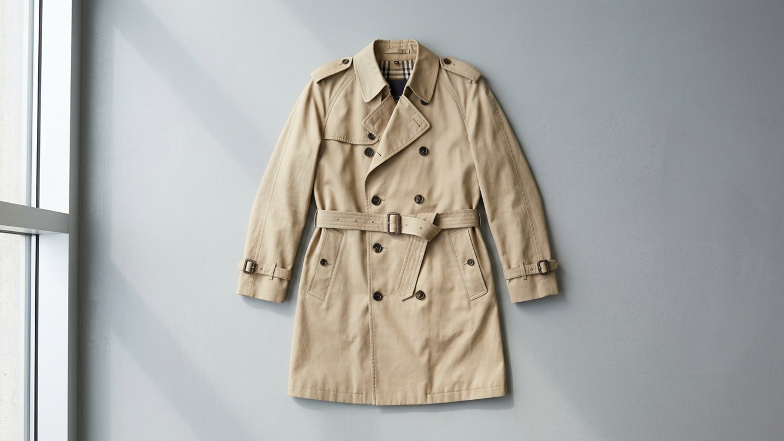 Photographie à plat d'un trench-coat beige détouré sur fond gris neutre avec éclairage naturel.