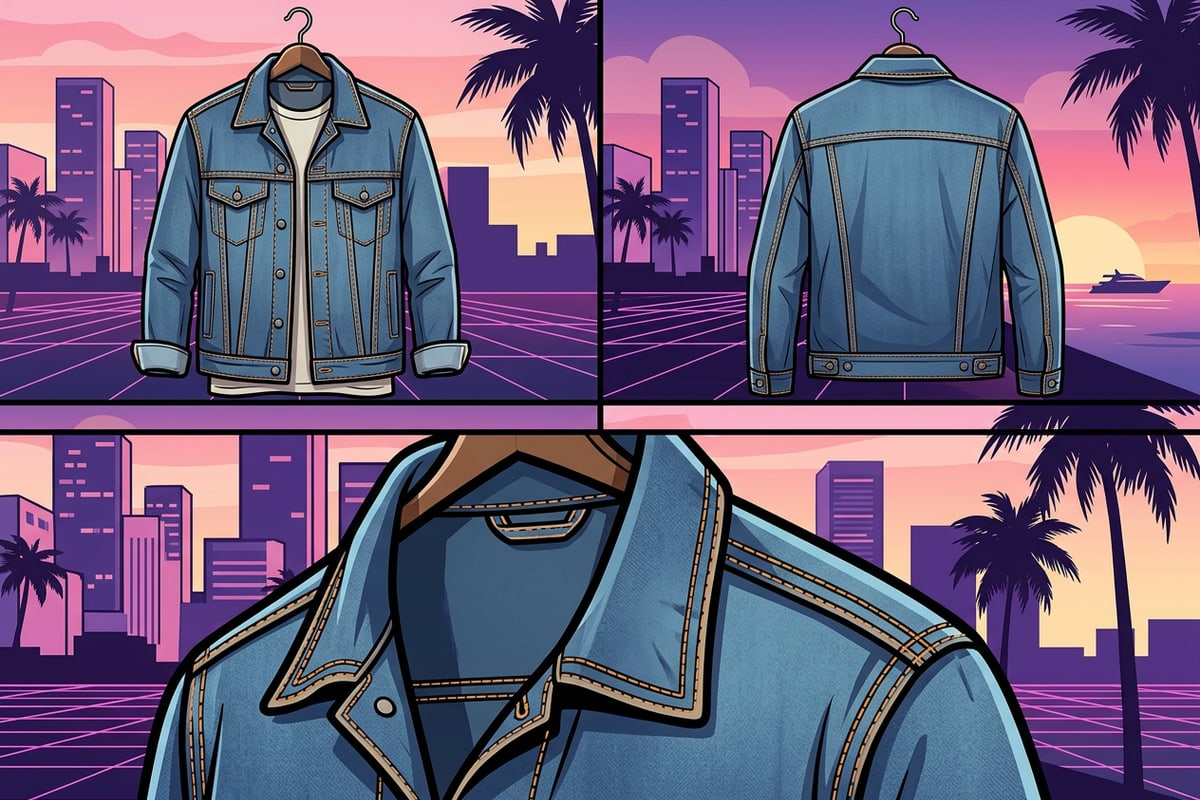 Montage photo multi-angles montrant une veste en jean sous trois vues différentes sur fond blanc.