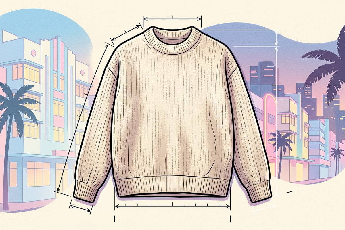Présentation d'un pull en laine disposé à plat avec lignes épurées de mesure sur fond ivoire.