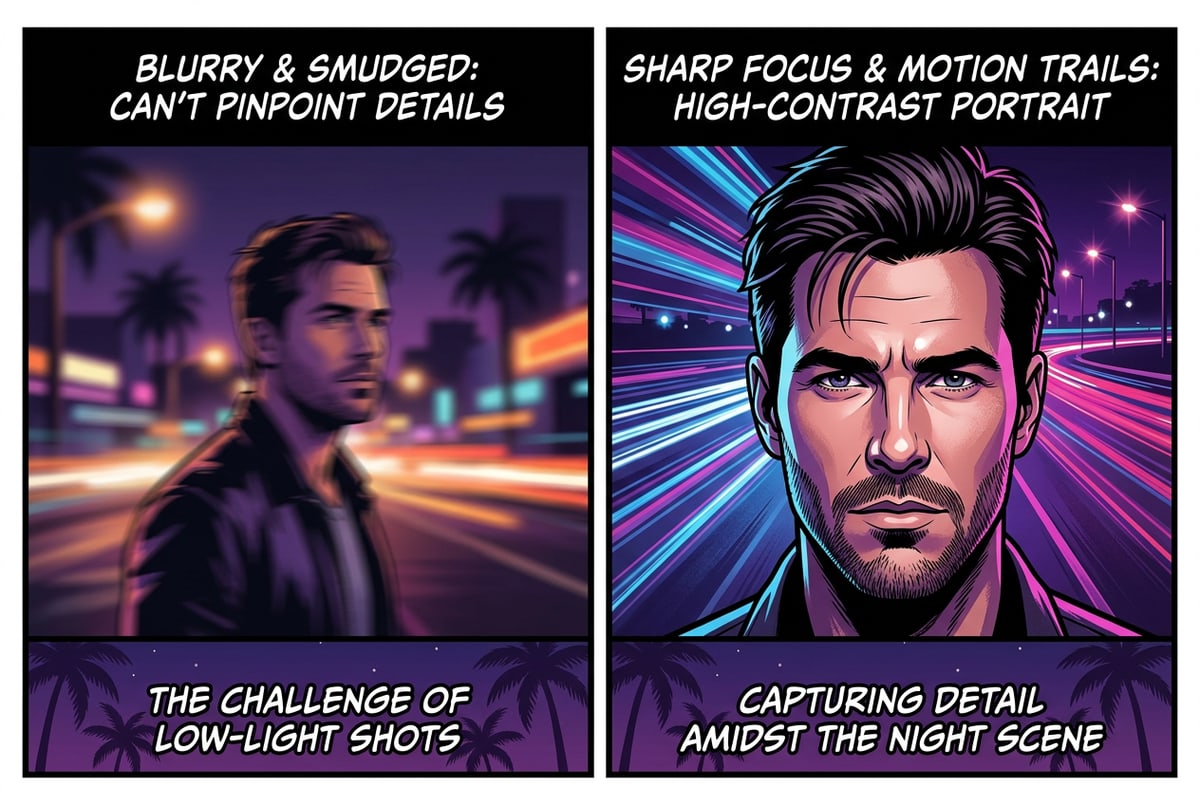 Side-by-side visual comparing a smeared blurry night edit versus a sharp flash portrait with background light streaks.