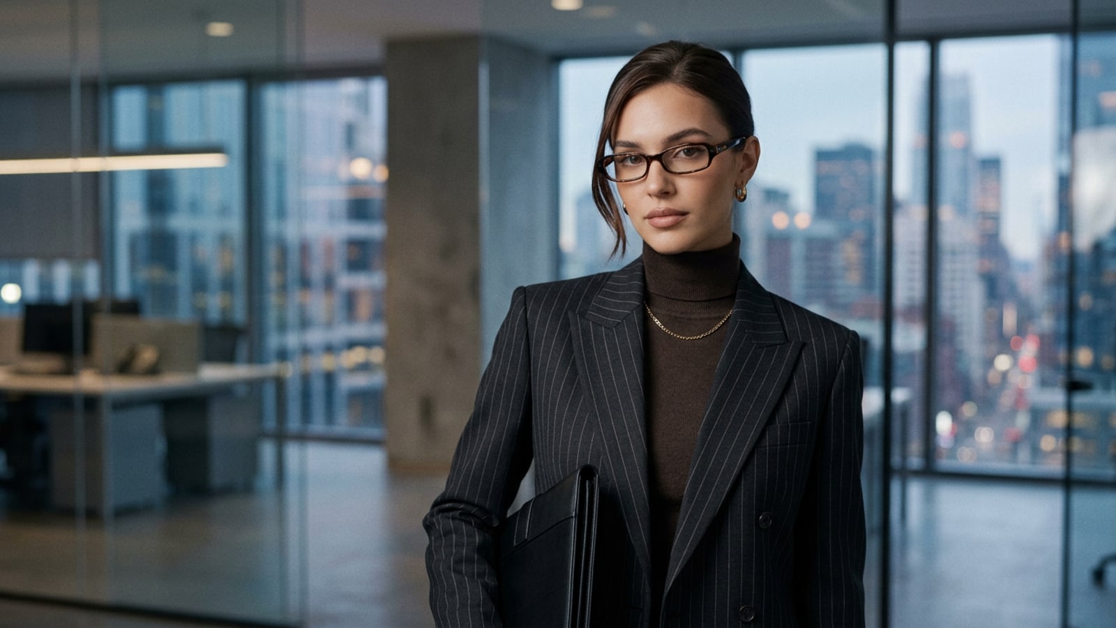Potret editorial seorang wanita mengenakan kacamata Bayonetta dan blazer pinstripe gelap dalam latar kantor bernuansa dingin.
