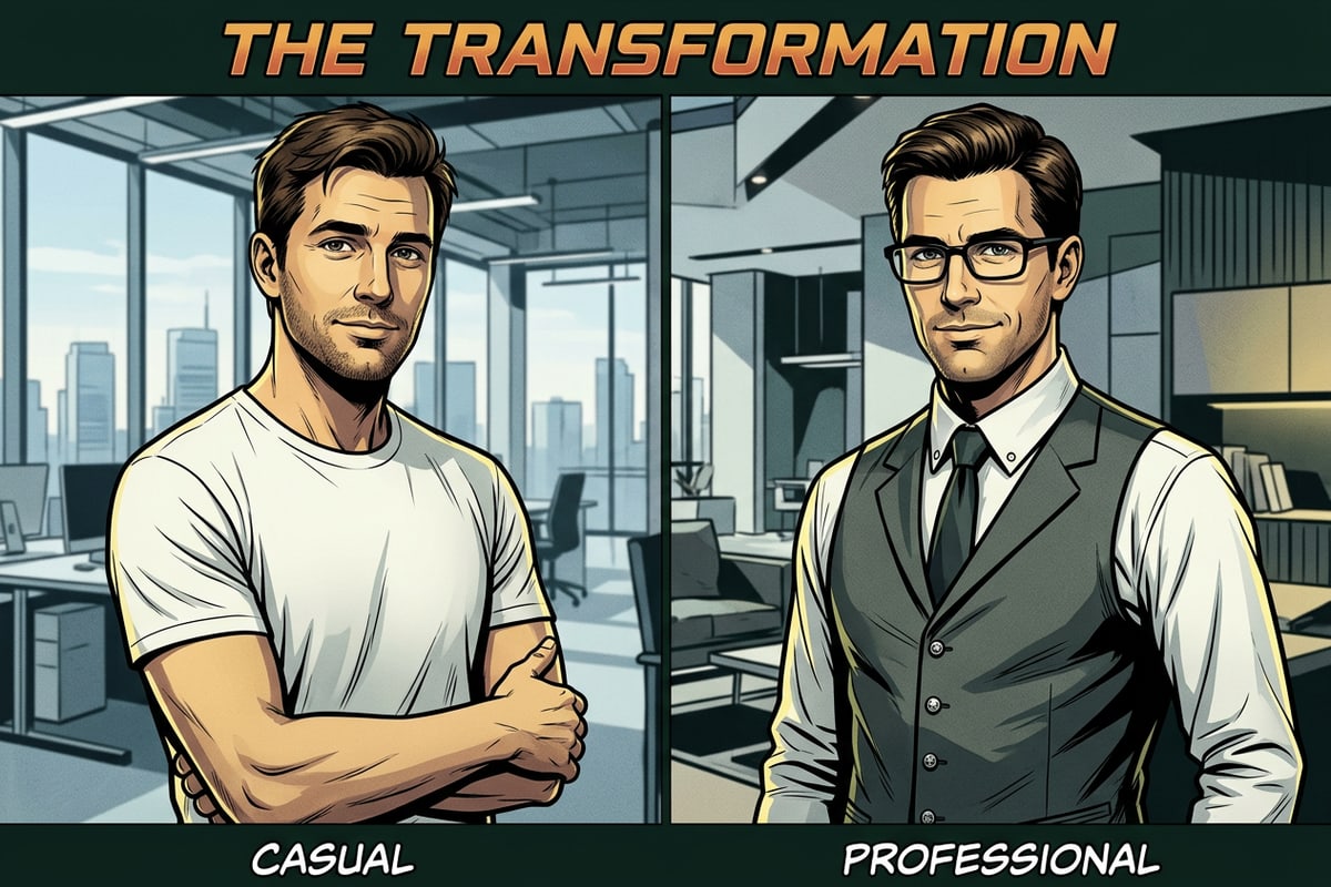 Visual concept illustrating casual attire transformed into early-2000s corporate fashion.
