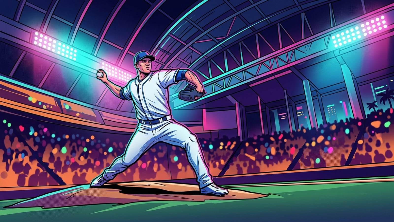 Wide shot of a baseball pitcher on the mound inside an illuminated indoor stadium under dramatic lighting.
