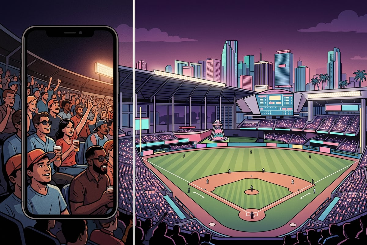 Side-by-side visual comparison showing a standard mobile photo next to an expanded wide-angle ballpark view.