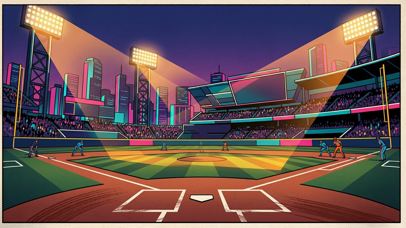 Illuminated baseball stadium under dusk sky with bright floodlights.