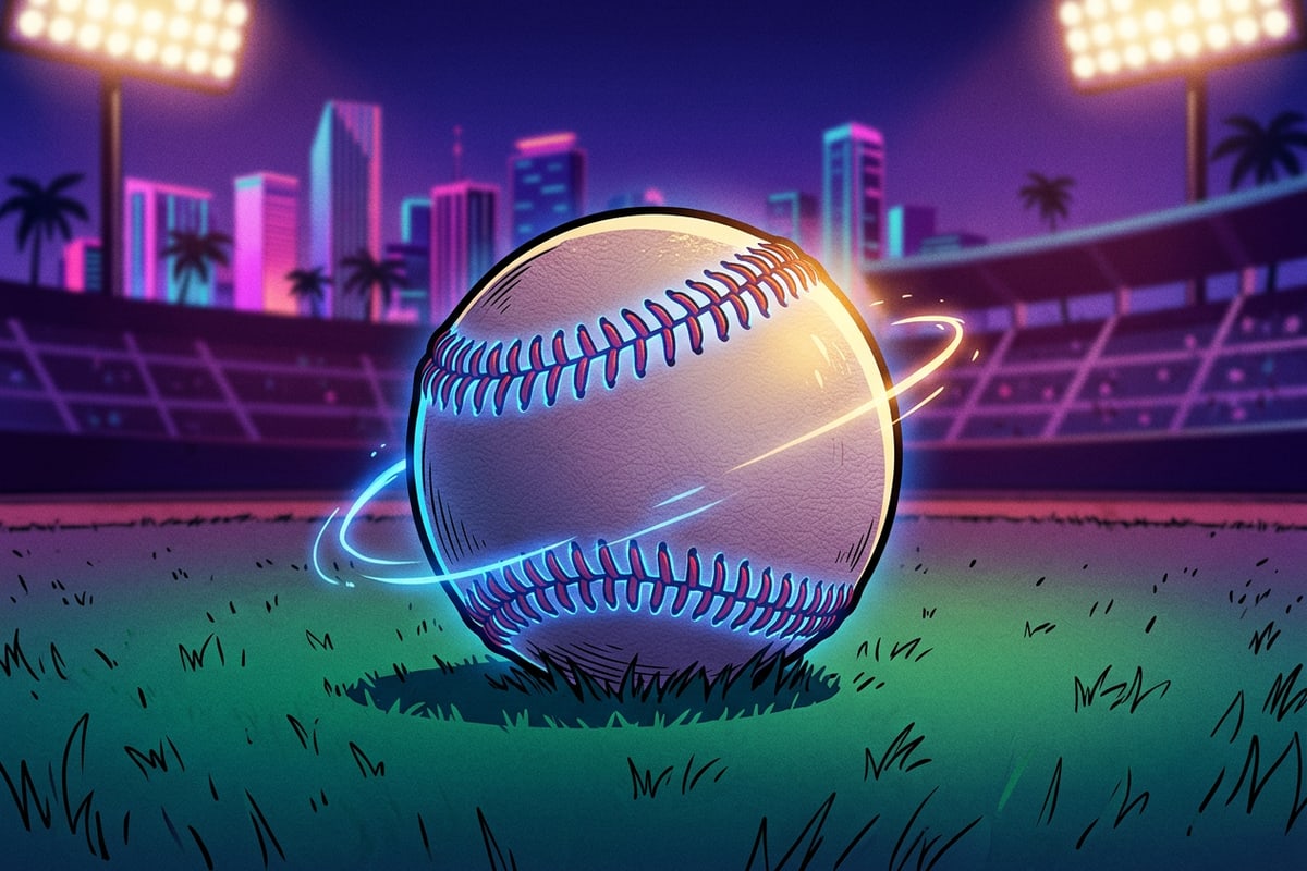 Baseball resting on stadium turf under twilight illumination.
