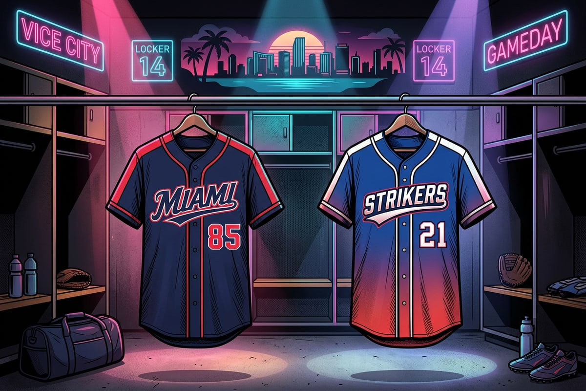 Two generic baseball jerseys displayed in a stadium locker room.