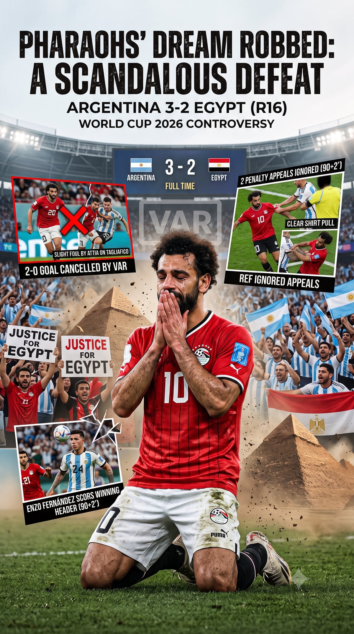 Infographic summarizing the controversial match between Argentina and Egypt with Salah in tears