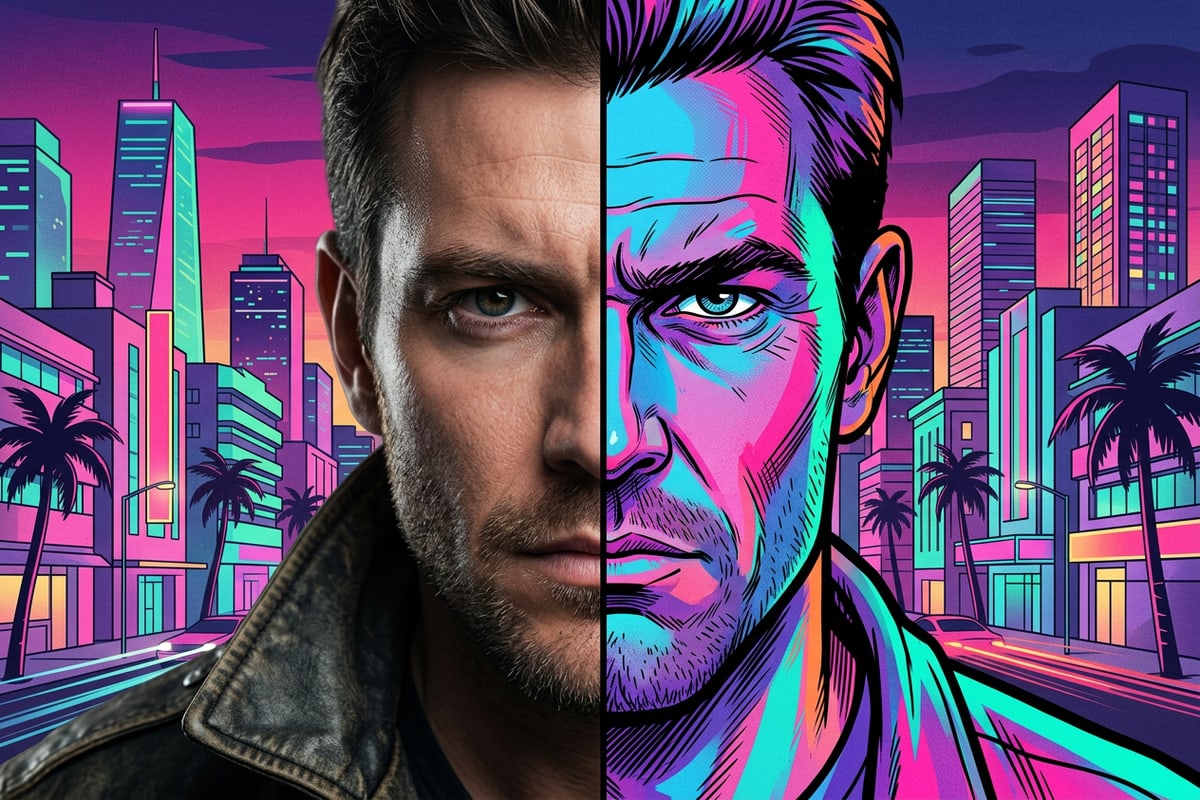 A split image of a football fan's face showing a realistic photo and a comic book illustration.