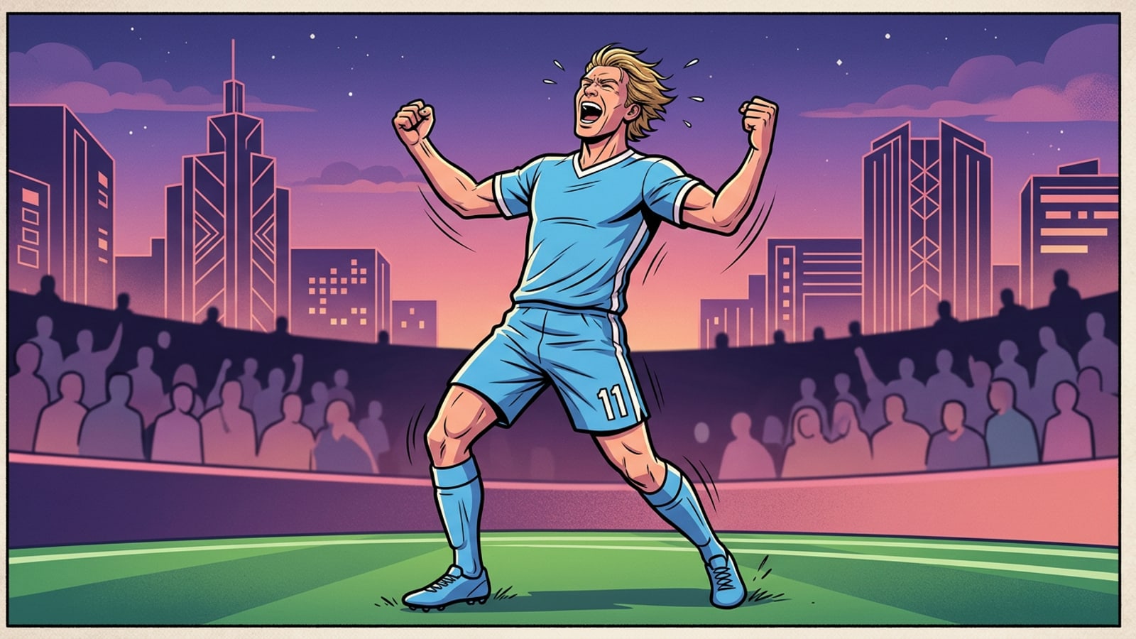 A tall striker in a sky-blue kit celebrating on a floodlit stadium football pitch.