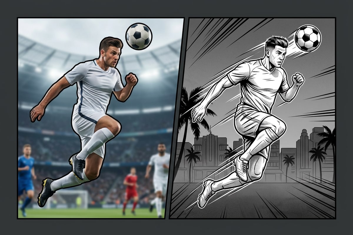 Visual comparison showing a realistic stadium action shot converted into a black-and-white comic book panel.