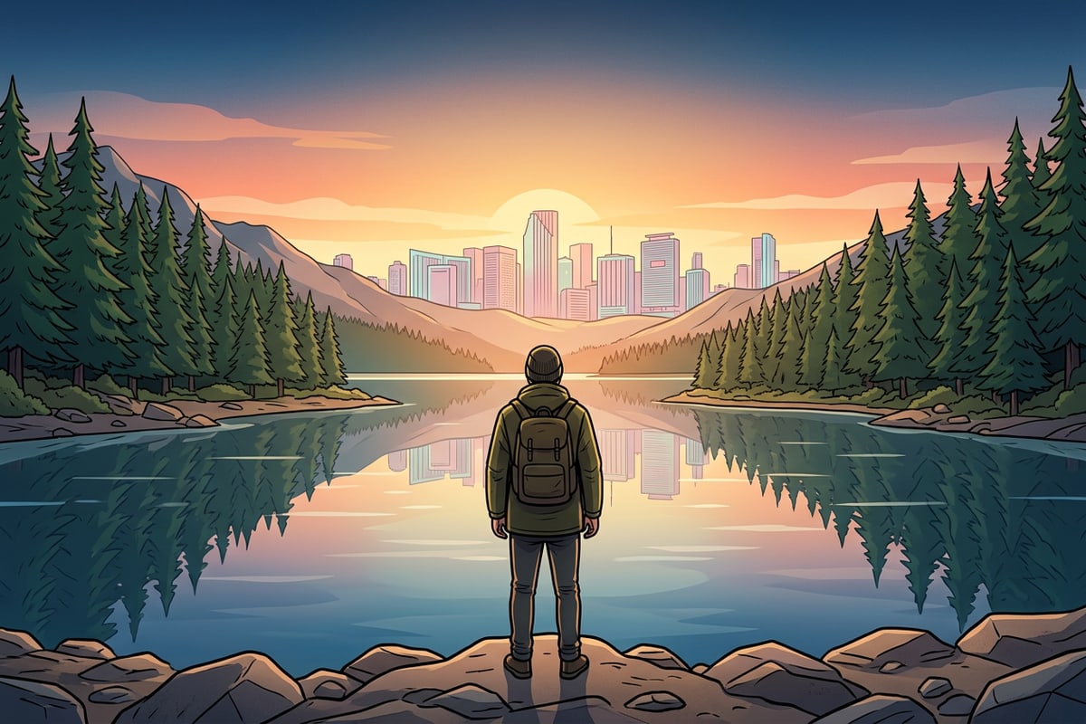 Wide 16:9 landscape photo of a traveler centered in a mountain lake scene with wide extended pine forests and reflections.