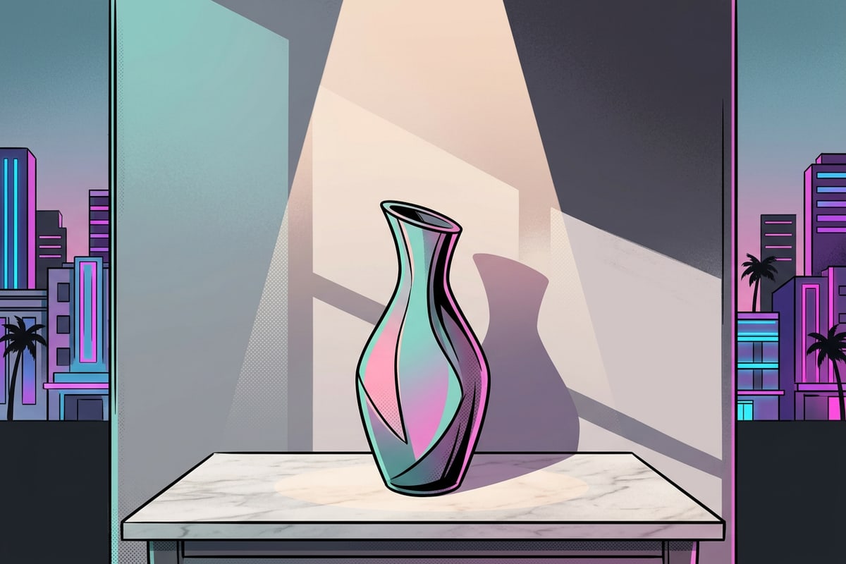 Minimalist 21:9 studio wallpaper scene showing a ceramic vase on marble table with extended neutral plaster background.