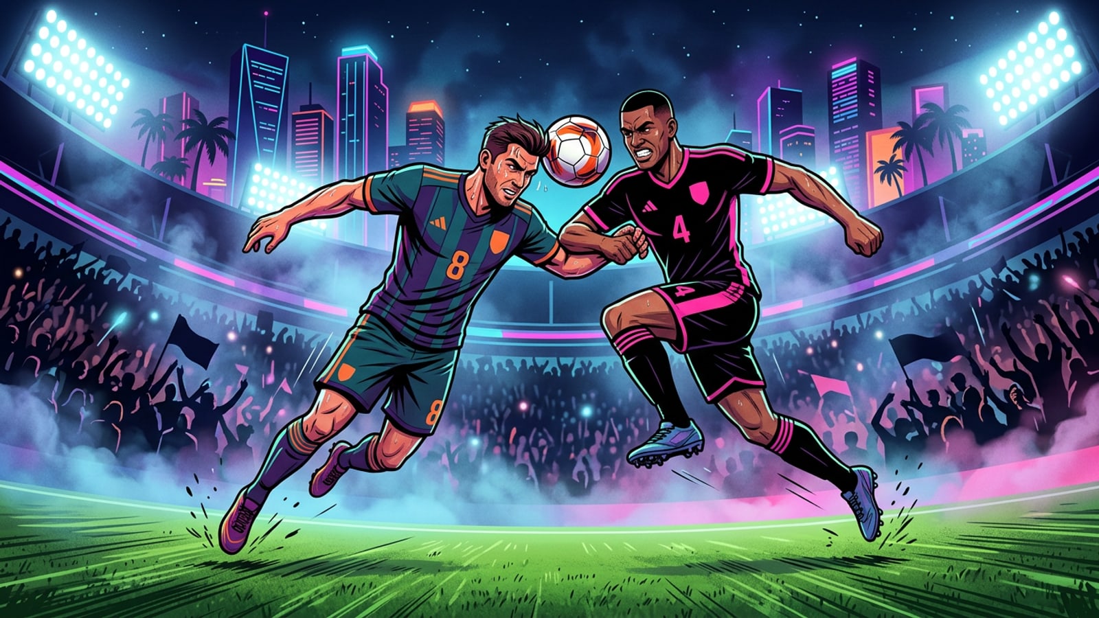 Dynamic night soccer action under stadium floodlights with players contesting a ball on a green pitch.