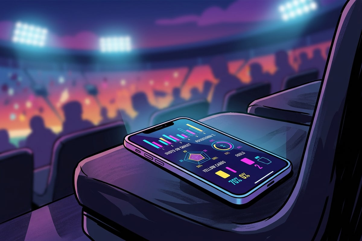 Smartphone displaying sports stats against a blurred illuminated soccer stadium background.