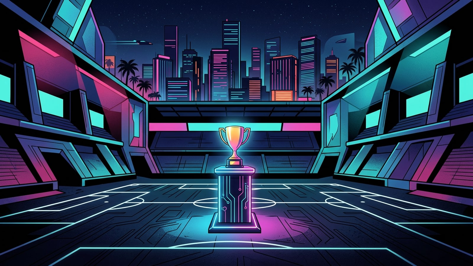 A golden soccer trophy on a pedestal in a futuristic stadium at night.
