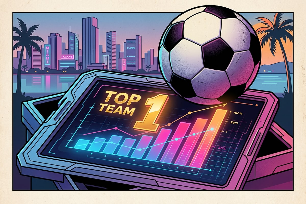 A soccer ball on a digital screen showing a rising bar chart and the number one.