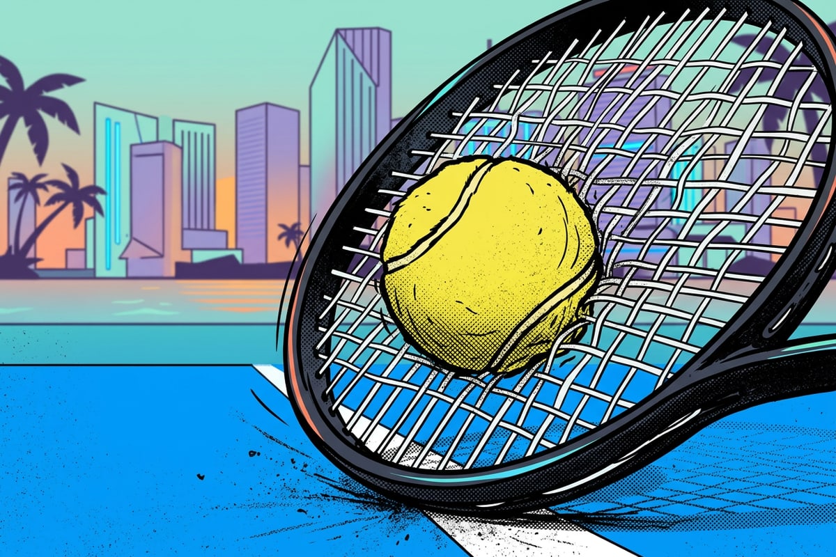 Detailed close-up shot of a tennis racket hitting a tennis ball at high speed on a hard court surface.