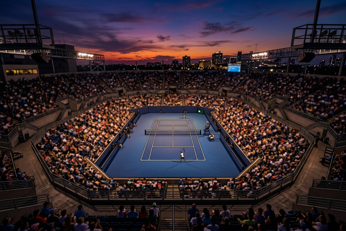 High-angle view of a tennis stadium hard court lit up during a twilight match.