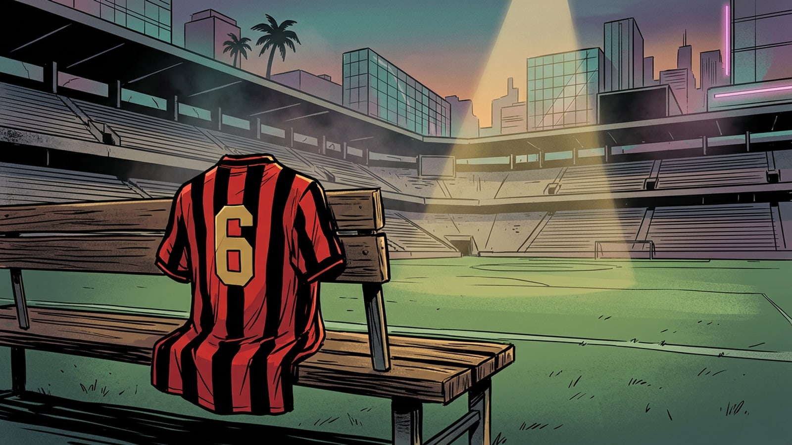 A retro red and black striped football jersey with number 6 draped on a stadium bench at golden hour.