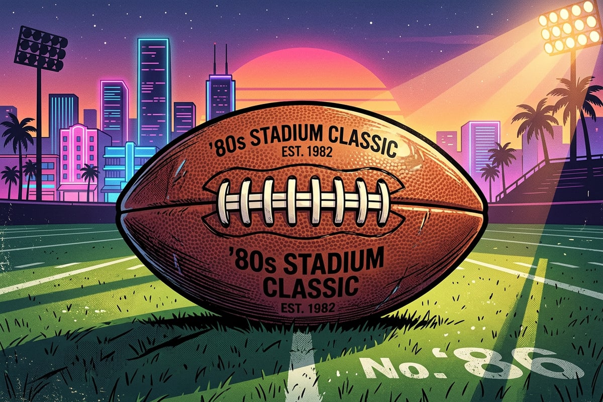 A classic 1980s leather football on a green pitch under warm spotlighting.
