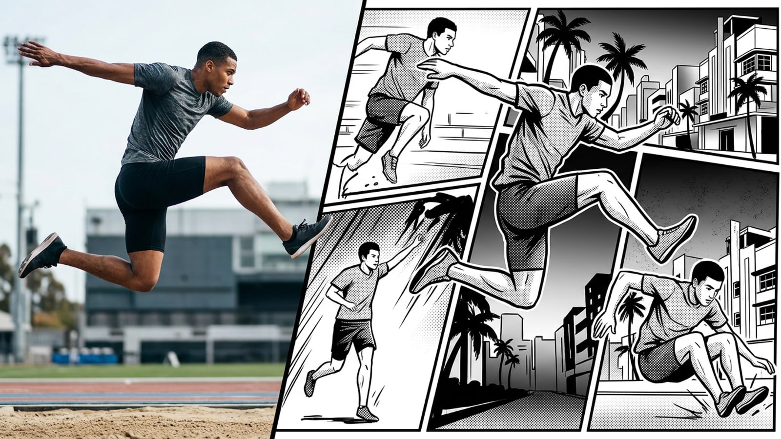 Grafica divisa che mostra un fotogramma video live che si trasforma in un layout di pagina di fumetto manga in bianco e nero.
