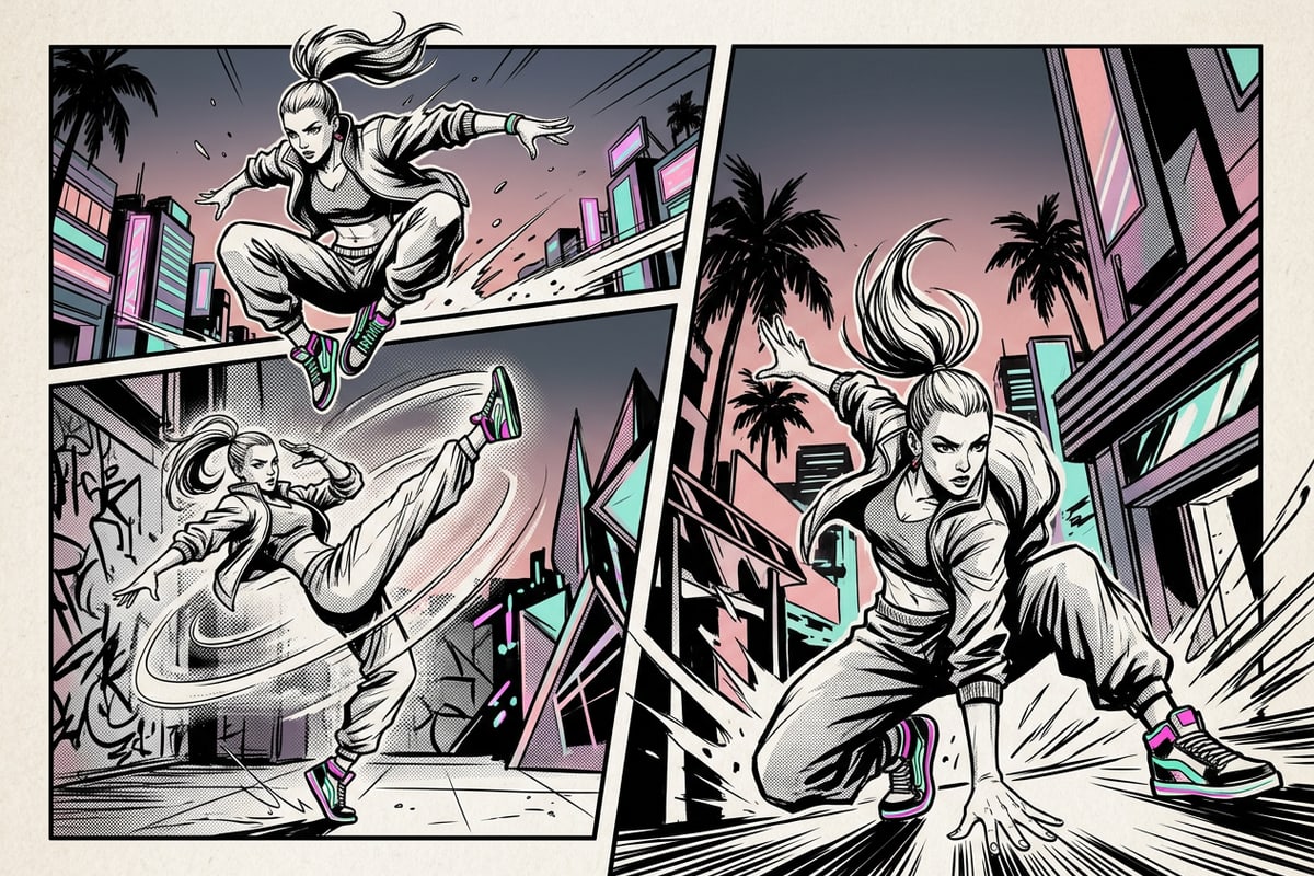 Vertical three-panel manga comic layout featuring high-contrast black ink action frames.