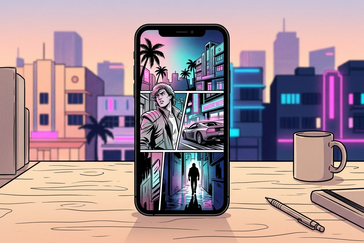 Smartphone resting on a wooden desk displaying a finished multi-panel manga comic page.