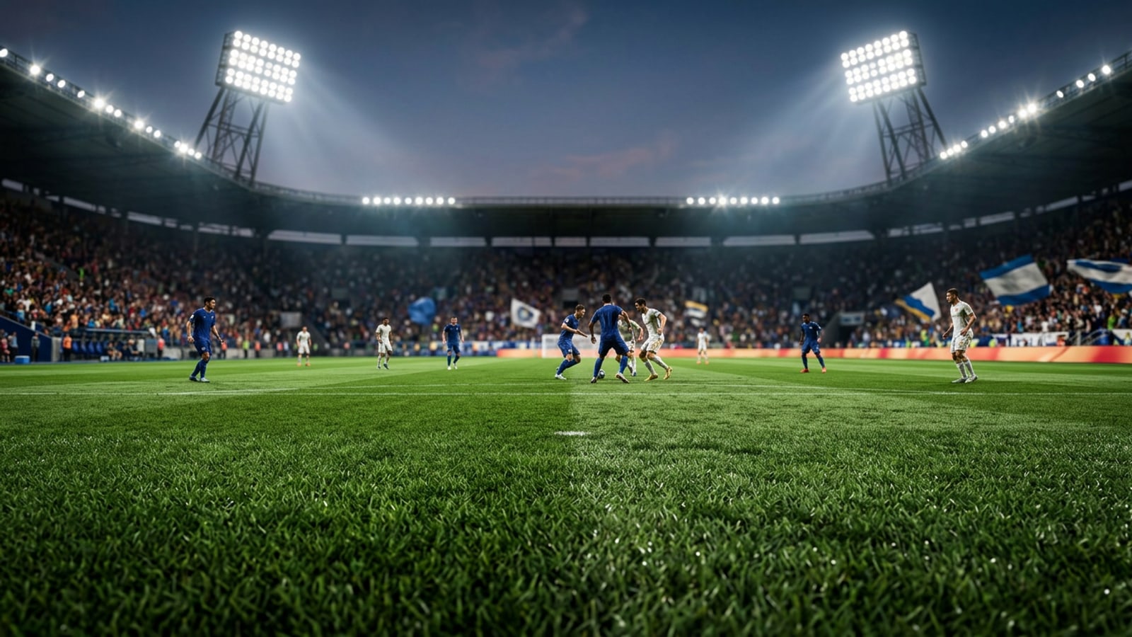 A vibrant illuminated football pitch during an evening stadium match with floodlights and blurred crowd background.