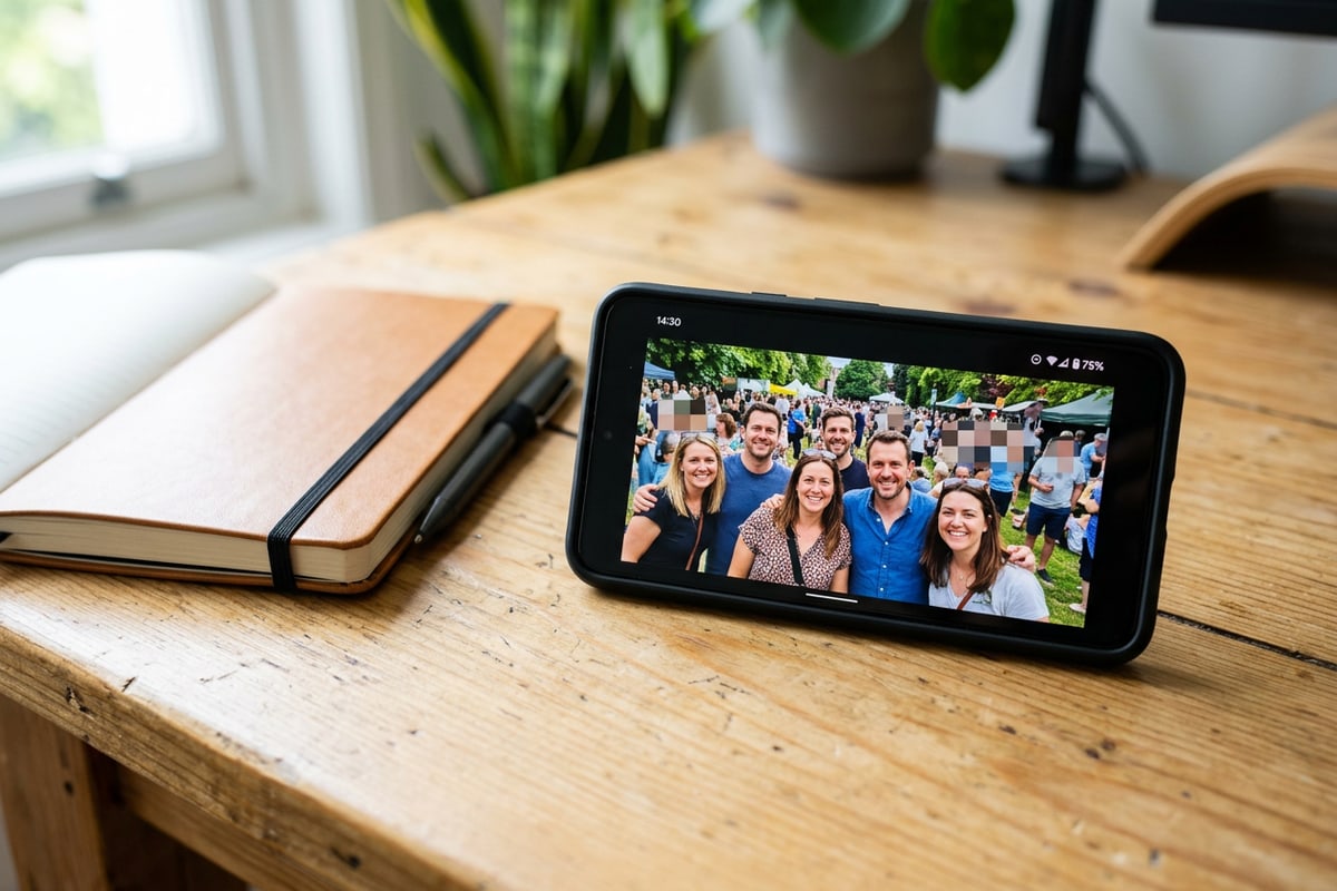 Smartphone auf einem Schreibtisch zeigt ein Event-Gruppenfoto mit automatisch anonymisierten Gesichtern.