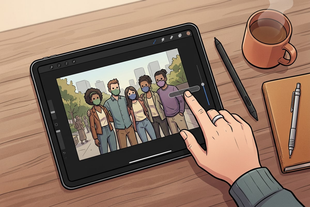 Draufsicht auf ein Tablet beim Auswählen von Mosaik-Masken auf einem Gruppenfoto.