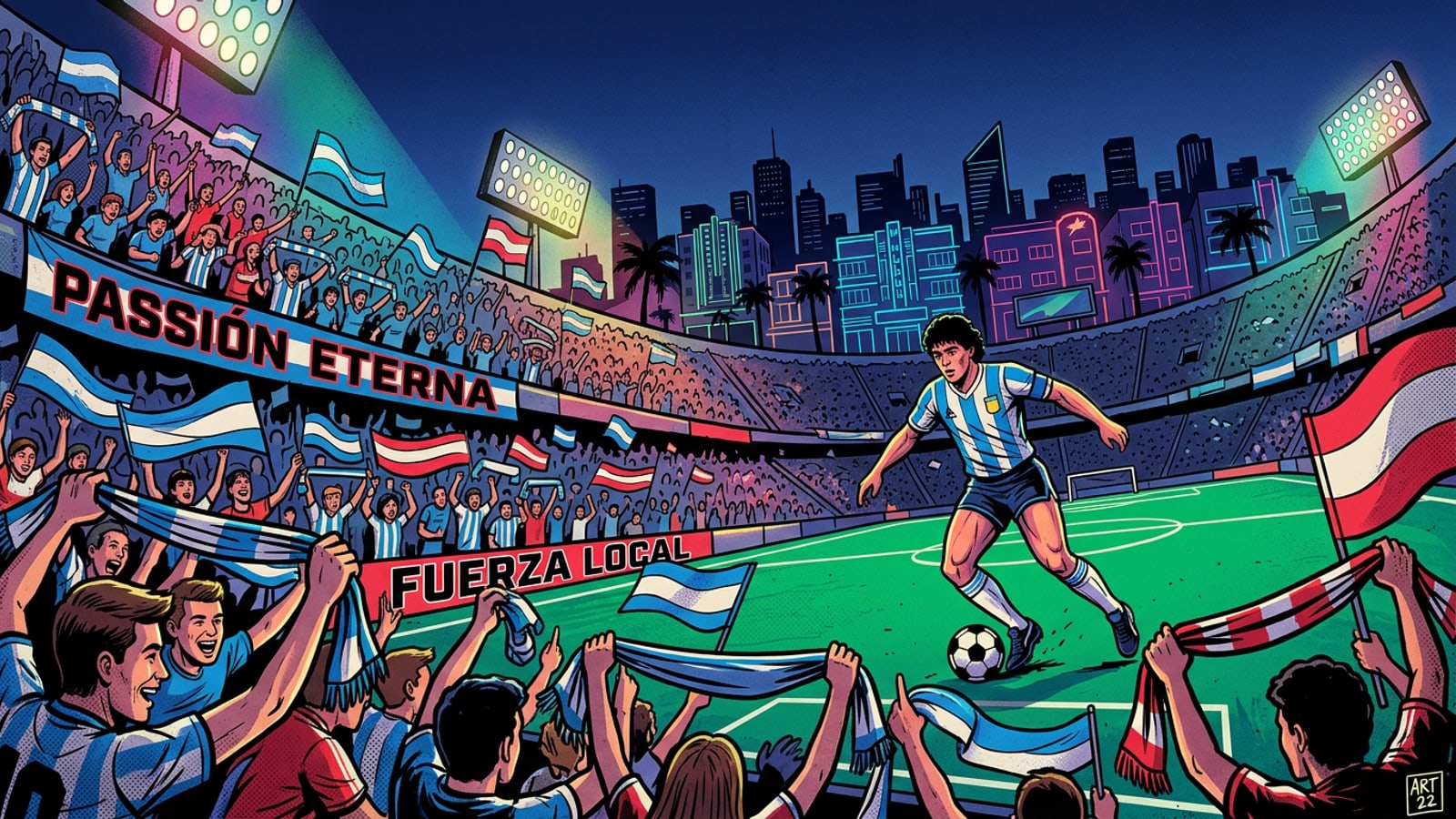 Vista panorâmica de um estádio de futebol bem iluminado ao anoitecer, com arquibancadas lotadas e refletores.