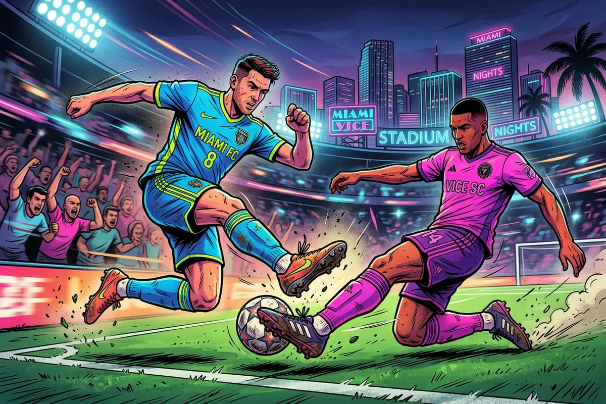 Two soccer players competing for the ball on a green pitch during a night match.