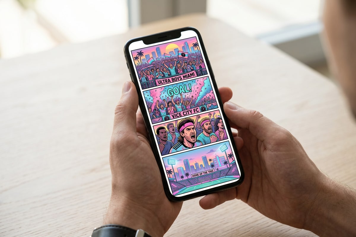 Smartphone screen showing a stylized multi-panel comic page of a stadium fan crowd.