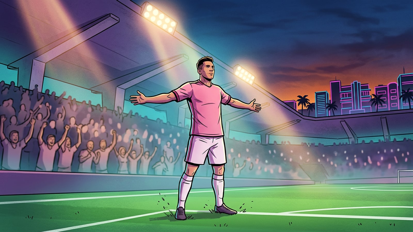 Wide shot of a modern stadium illuminated by floodlights with a celebrating soccer player on the grass pitch.