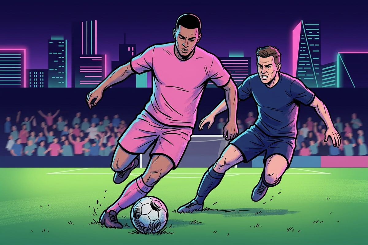 Soccer player in pink jersey controlling the ball on a stadium pitch during a match.
