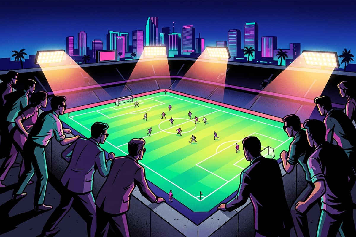 Vertical stadium perspective showing soccer pitch and cheering fan silhouettes at night.
