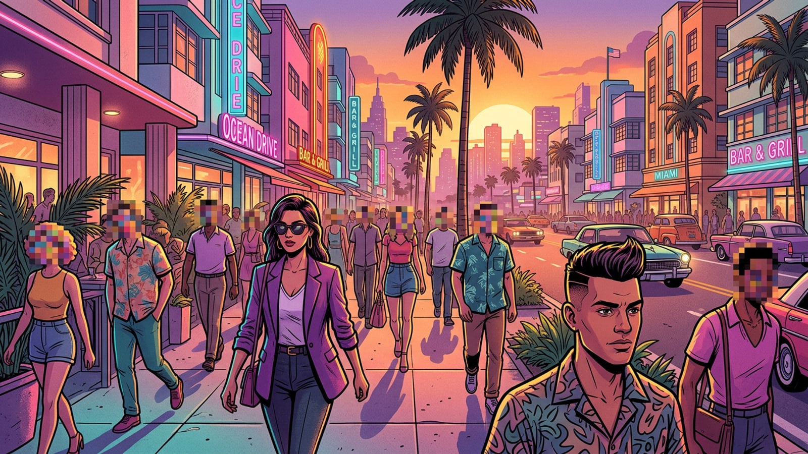 Bustling city street photo demonstrating automatic face privacy mosaic blurring on public crowd subjects during golden hour.