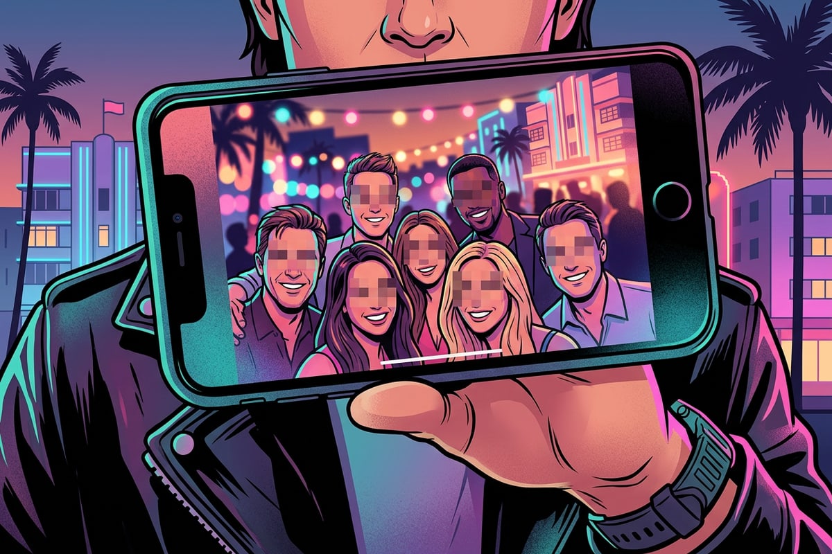 Group event photo on iPhone screen showing multiple blurred faces protected by pixel mosaic.